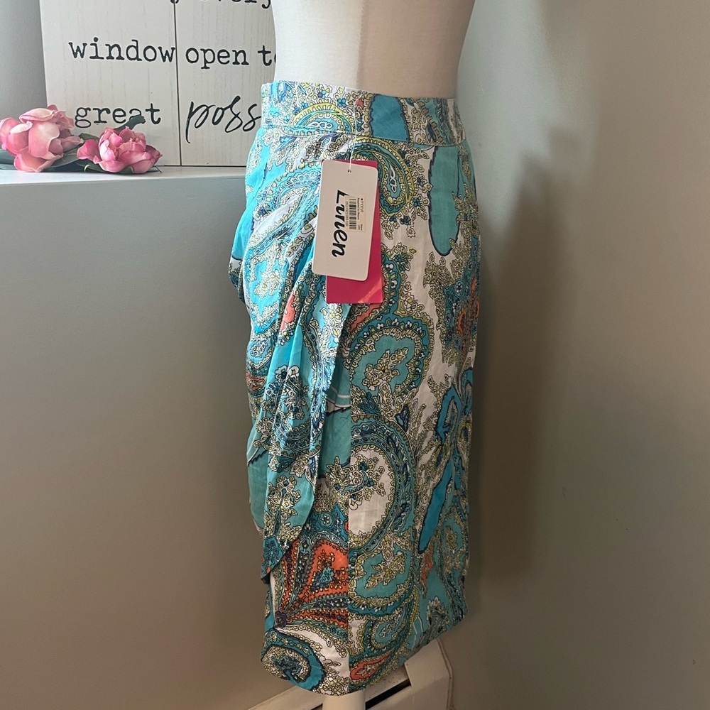 Sunny Leigh NWT Linen Summer Wind Turquoise/Multi Paisley Print Faux Wrap Skirt - Picture 3 of 10